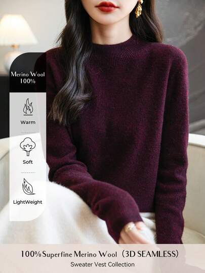 Jersey de cuello alto de manga larga para mujer 100% lana merina, cálido y suave top de punto vintage para otoño/invierno