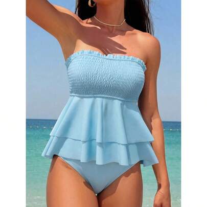 Swim Mod Ladies' Vacation Beach Solid Color Halter Ruffled Swimwear Set Summer