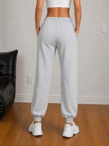 2 Pieces Cartoon Letter Print Drawstring Waist Sports Pants - 灰色 - 查看 5