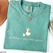Cute Espresso Cotton Round Neck Fall Clothes T-Shirt With 'Growing A Silly Little Goose' Print For Casual Style Womens Funny Graphic Tee Summer Casual - 湖綠 - 查看 1