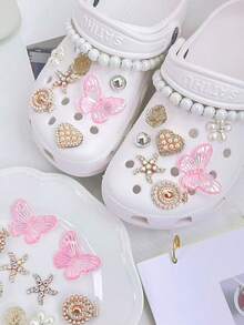 Light Luxury Pink Gold Iridescent Butterfly Clog Shoe Charms, Pearl Rhinestone Flower & Starfish Alloy Shoe Decoration Set, Compatible With Clogs - Pink - View 3