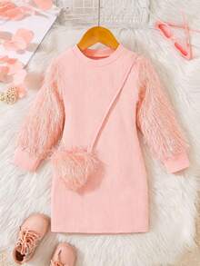 Young Girls Pink Tassel Sleeve Dress, New Arrival, Sweet Princess Dress For Toddlers, Ribbed Elastic Fitted , Heart Plush Accessory, European & American Style Kids Clothing, Long Sleeve A-Line Dress, Children Party Dress, Soft & Skin-Friendly - Pink - View 1