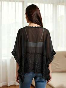 Women Sheer Poncho Tops Oversized Batwing Sleeve Blouse Contrast Lace See Through Mesh Cover Up Ruffle Flowy Boho Shirt - 黑色 - 查看 3