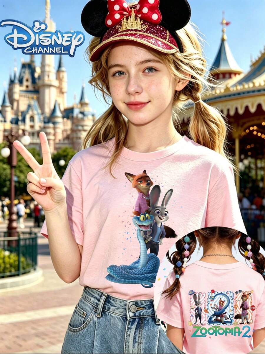 Disney - Officially Authorized Short Sleeves Made Of 100% Pure Cotton FabricDisney Channel Pink T Shirt With Zootopia 2 Characters And Text For Kids Theme Park OutingGifts Suitable For Girls - 粉色 - 查看 1