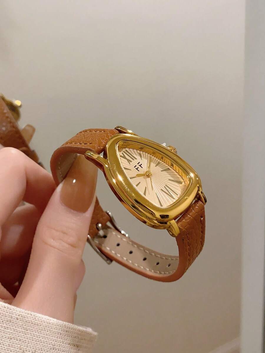 1件女款橢圓形羅馬數字休閒優雅石英手錶,適合日常配戴 - 棕色 - 查看 1