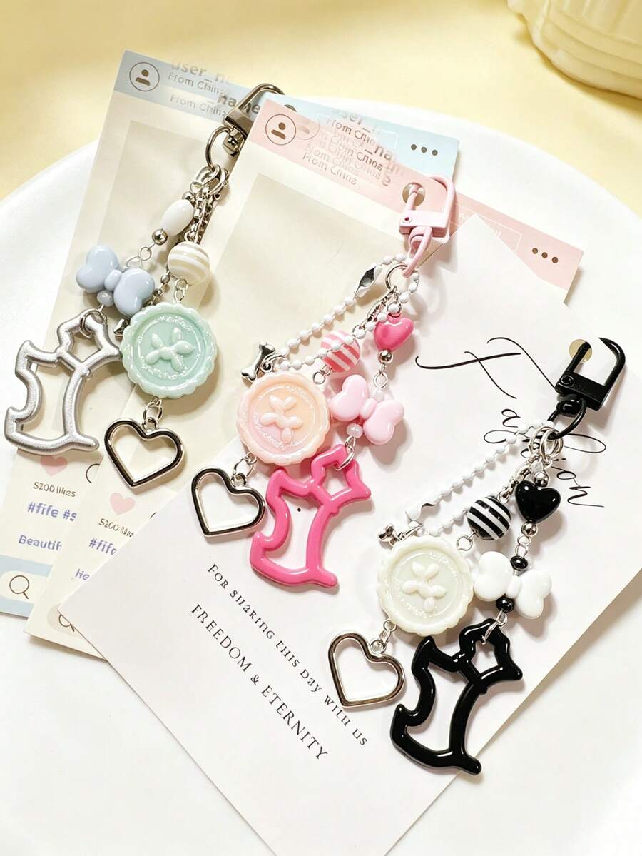 1 pieza Cadena colgante con botón y colgante para teléfono, porta tarjetas con forma de corazón con cuentas, llavero de cadena Guben lindo, adorno para bolso - Multicolor - Ver 1