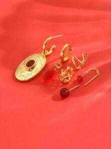 6pcs/Set Pendientes de clip de oreja vintage minimalista y elegante con circonita roja exquisita de un solo lado, adecuado para mujeres en citas, fiestas y uso diario 5 - Amarillo Oro - Ver 4