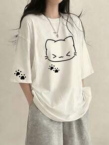 Kaos Wanita Kasual Longgar Leher Bulat Lengan Pendek Motif Huruf & Kucing, Serbaguna untuk Musim Panas, Warna Putih - Putih - View 3