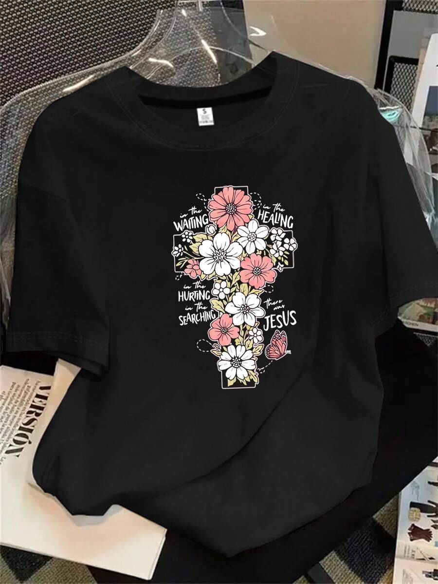 Top de mujer de cuello redondo y manga corta con ribete de encaje rosa y blanco y estampado de mariposas, apto para todas las estaciones. - Negro - Ver 1