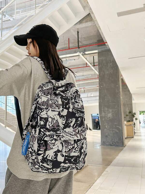 1 chiếc balo học sinh in hình graffiti có móc khóa, balo thời trang unisex in hình graffiti toàn thân, chất liệu nylon bền, thiết kế nhiều ngăn rộng rãi, phù hợp cho học sinh trung học/phổ thông, sinh viên đại học, đựng được laptop và sách giáo khoa, rất tiện dụng khi đi du lịch.