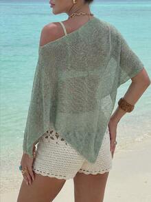 Women's Casual Sexy Shiny Lightweight Textured Solid Color Hollow Knit Cropped Top With Batwing Sleeves, Suitable For Summer Vacation & Beach - Green - View 7