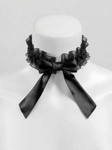 Romantic Black Mesh Choker With Satin Bow And Bead Embellishments, Ruffle Neck Decor, Suitable For Brides, Parties And Lingerie - Black - View 8