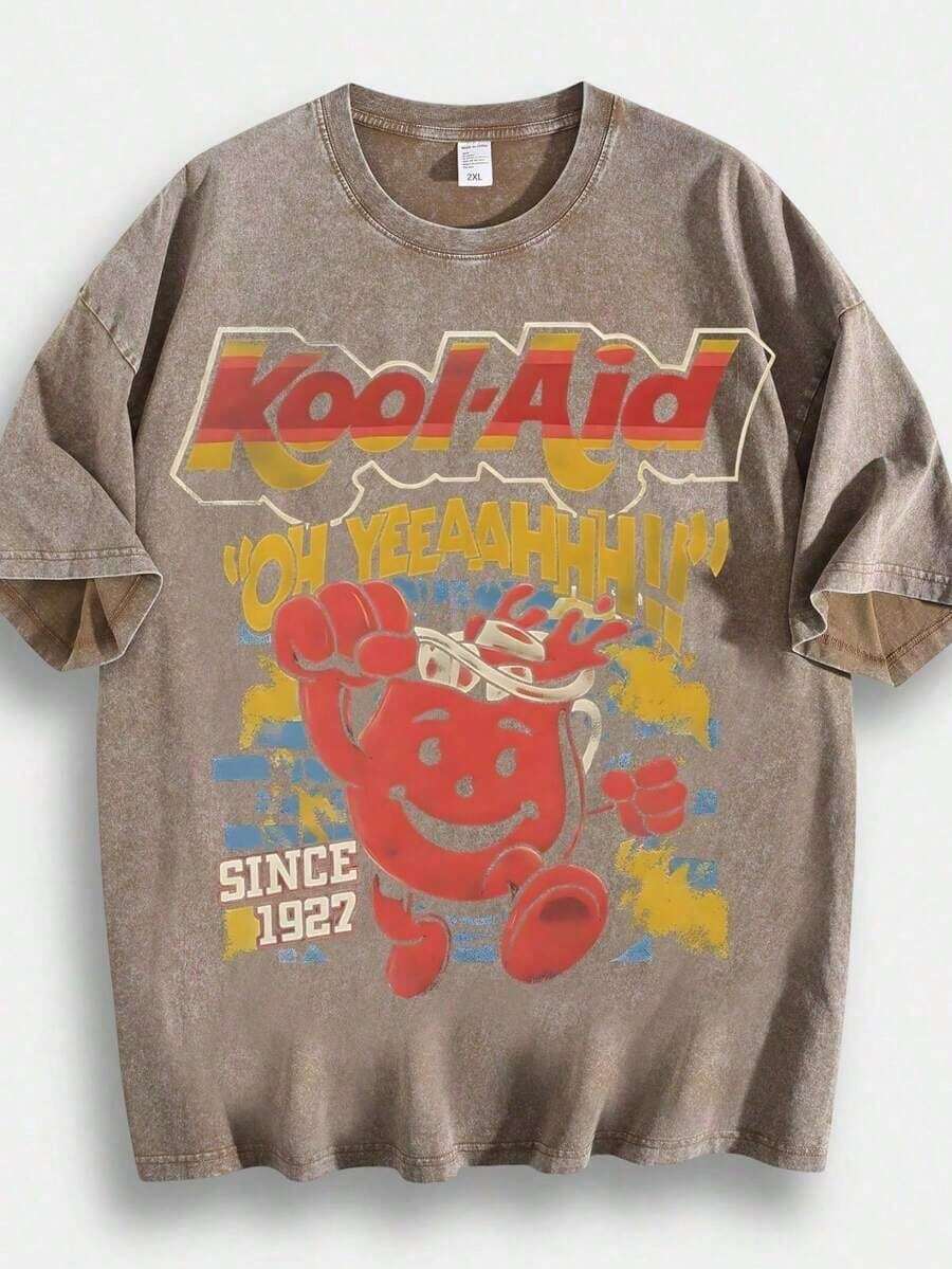 2026 Hip-Hop Style T-Shirt With Ko-Ol-Aid Cartoon Print, Unique Design, 230g 100% Cotton, Relaxed Fit, Short Sleeves, Top. DG004-Skin Friendly - 棕色 - 查看 1