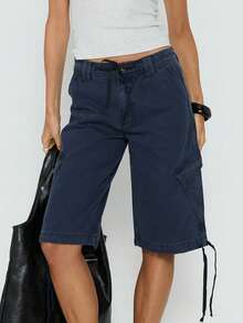 Cargo Shorts For Women Elastic Waist Knee Length  Shorts Summer Outdoor Waterproof Hiking Pants With Pockets - 藏蓝色 - 查看 1