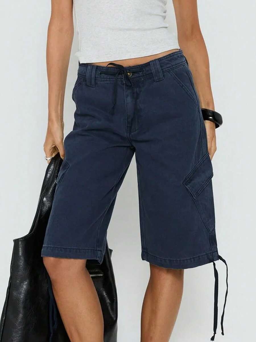 Cargo Shorts For Women Elastic Waist Knee Length Shorts Summer Outdoor Waterproof Hiking Pants With Pockets - 藏蓝色 - 查看 1