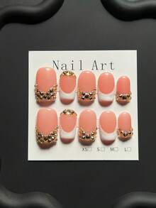 Handmade Press On Nails, 10Pcs Pink French Tip Fake Nails With Gold Rhinestone Charms, Short Square Nails, Nail Art, Summer Nails, Y2K, 3D Nails,Square Acrylic Nails, Reusable False Nails For Bridal/Wedding/Party - Pink - View 2