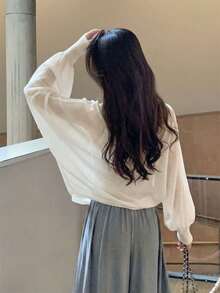 Cárdigan de punto transparente blanco de verano - Elegante, simple, dulce estilo casual de la calle Y2K Cárdigan de punto suelto de manga larga y corto con abertura frontal - Albaricoque - Ver 2