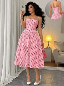 xheRafferiza Vestido rosa con tirantes de espagueti, cintura y bajo acampanado, versátil y de moda para fiestas y cócteles, para mujer, otoño/inviernoxhe - Rosa - Ver 1
