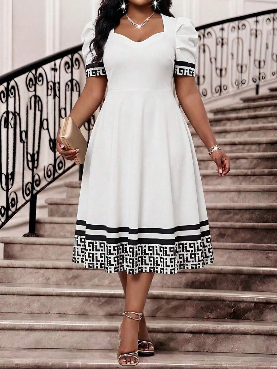 Lady Vestido elegante de manga abullonada con cuello de corazón y textura de unicolor para mujer de talla grande - Blanco - Ver 1