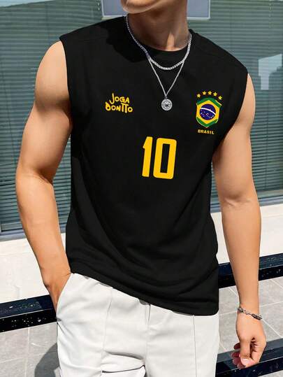 Men's Sports Tank Top, Retro Brazil Football Jersey - Legendary Number 10, Casual Football Fan Outfit, Football Shirt, Regular Fit Sleeveless Fitness Wear, Soft And Comfortable Fabric