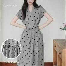 . . Vestido casual elegante y vintage con estampado de lunares, con bolsillos y lazo en la espalda. Silueta minimalista pero refinada de corte evasé con cintura anudada. Vestido versátil de estilo vintage chic para la oficina u ocasiones especiales. Ligero y bohemio con estilo de lunares para primavera/verano y vacaciones. - Rojo - Ver 9