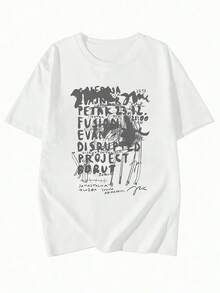 Camiseta de manga corta con estampado de letras Y2K para mujer, top holgado de estilo Ins para verano - Blanco - Ver 4