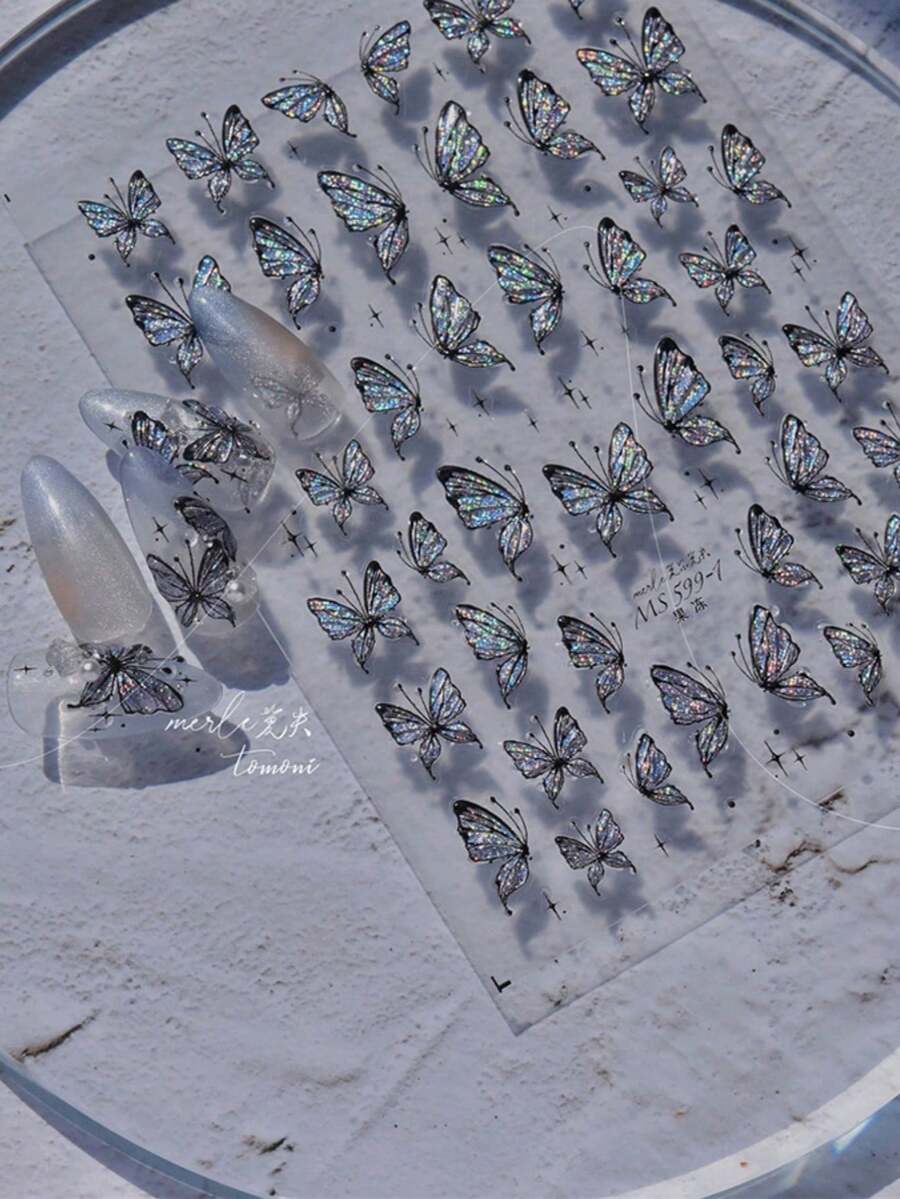 1張5D日系黑色蝴蝶美甲貼紙,閃亮可愛,自黏式,美甲裝飾配件與貼花 - 彩色 - 查看 1