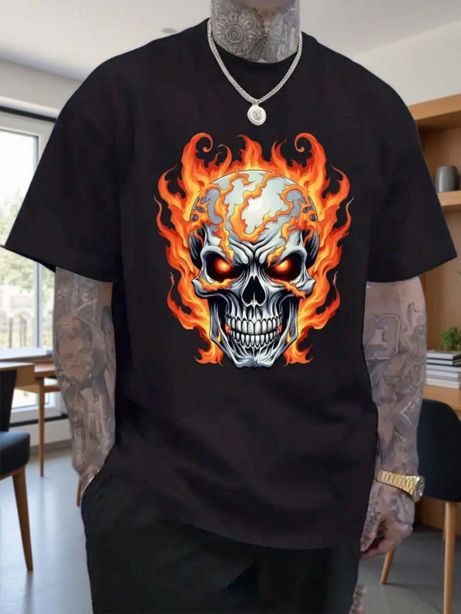 Camiseta de talla grande para hombre con diseño gráfico de calavera y llamas, cómoda y casual de manga corta para el verano - Negro - Ver 1