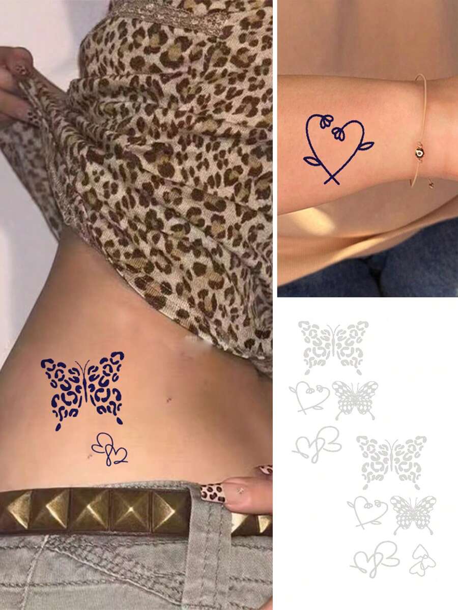 Tattoo Stickers, 2 Sheets/Set, Y2K Style Leopard Print Butterfly, Minimalist Line Heart Art Design, Water Transfer Paper Sweat-Resistant, Matte Long-Lasting Non-Permanent Temporary Tattoo, Party Decoration Stickers, Disposable Lasts 7-14 Days, Ideal Choice For Fashionistas.