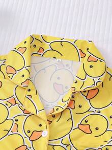 Bộ đồ ngủ nữ 2 món, họa tiết vịt vàng, đồ mặc nhà nữ, trang phục nghỉ lễ xuân/hè, áo tay ngắn cổ bẻ và quần short có thể mặc ngoài trời - Màu vàng - Xem 5