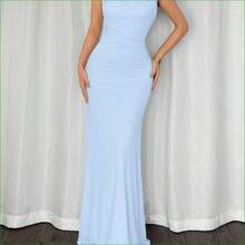 . .  Vestido maxi ajustado de estilo elegante y romántico, con cuello asimétrico, adecuado para fiesta, vacaciones en la playa, vuelta al colegio, citas románticas, temporada de bodas, cumpleaños, Pascua, primavera/verano - Celeste - Ver 4