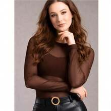 Body Feminino de Tule Liso Manga Longa e Gola Alta Transparente Moda Outono Inverno - Marrom - Visão 3