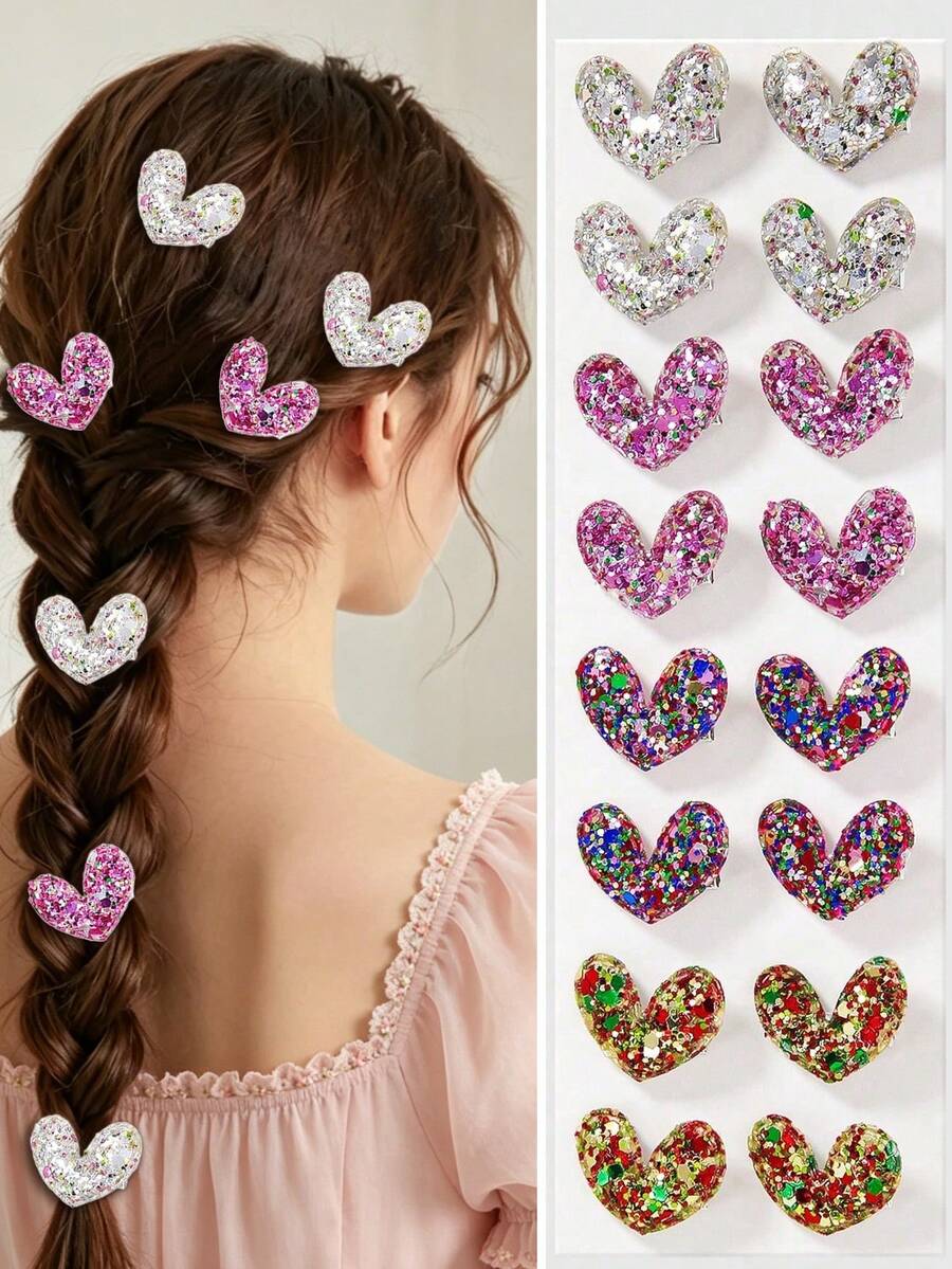 15pcs/Set Girls Sequin Heart Princess Cute Small Hair Clips Bangs Hairpins Hair Accessories, Daily Use - Multicolor - View 1