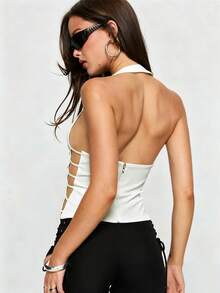 Womens Rivets Studded Halter Neck Plunge Cami Top Self-Tie Spaghetti Straps V-Neck Cut Out Front Crop Tank Top Camisole Vest Y2K Streetwear Party Tops - F217030-白色 - 查看 5