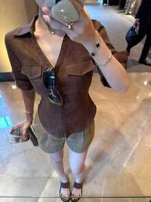 Women's 2026 Spring/Summer New Blouse: White Polo Collar, Short Sleeves, Back Ribbon, Adjustable Waist, Slimming Effect, Stylish, Breathable, Daily Top - Coffee Brown - View 1
