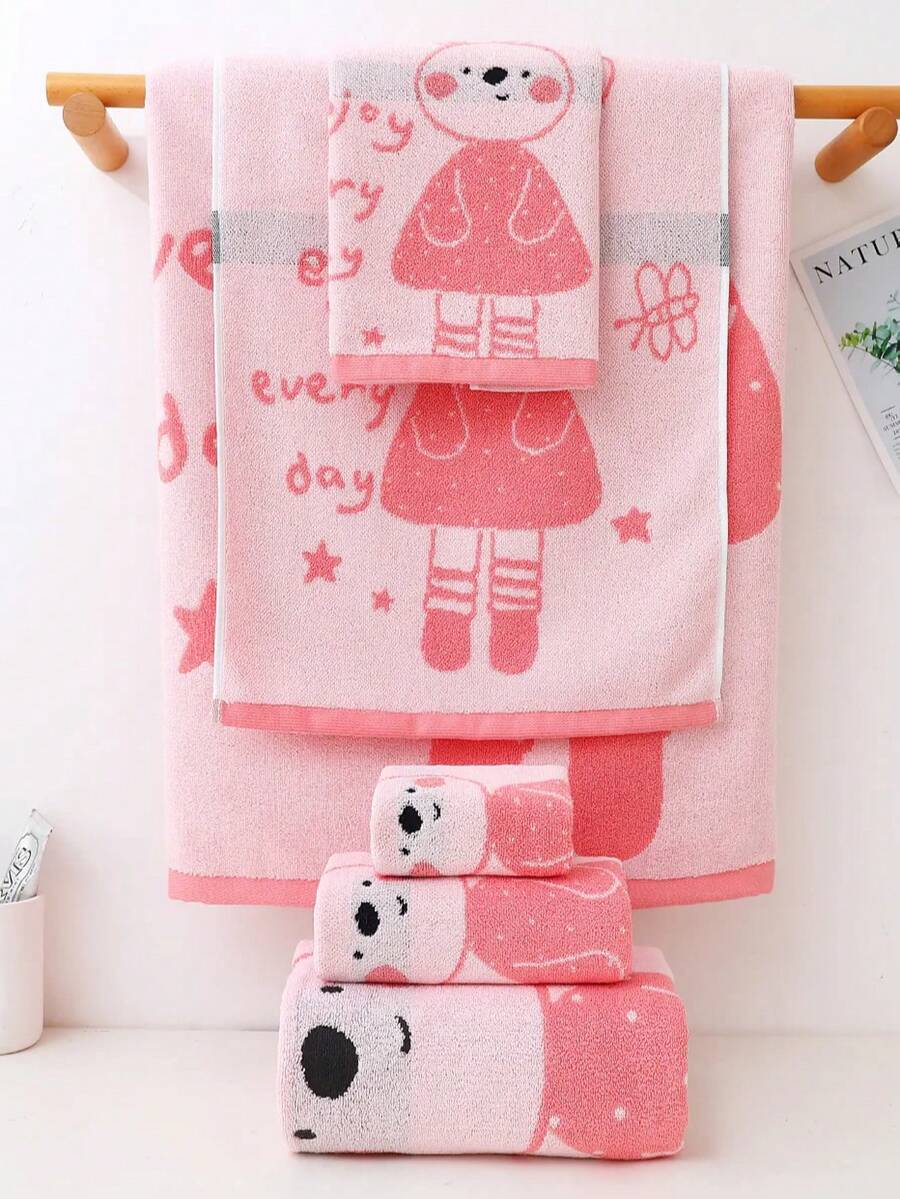 1pc Pure Cotton Pink Bath Towel/Kitchen Towel/Handkerchief, Rabbit Pattern, Quick Drying, Unisex, Suitable For All Seasons, Applicable For Bathroom, Hotel Travel, Holiday Gift, Hair Salon, Home