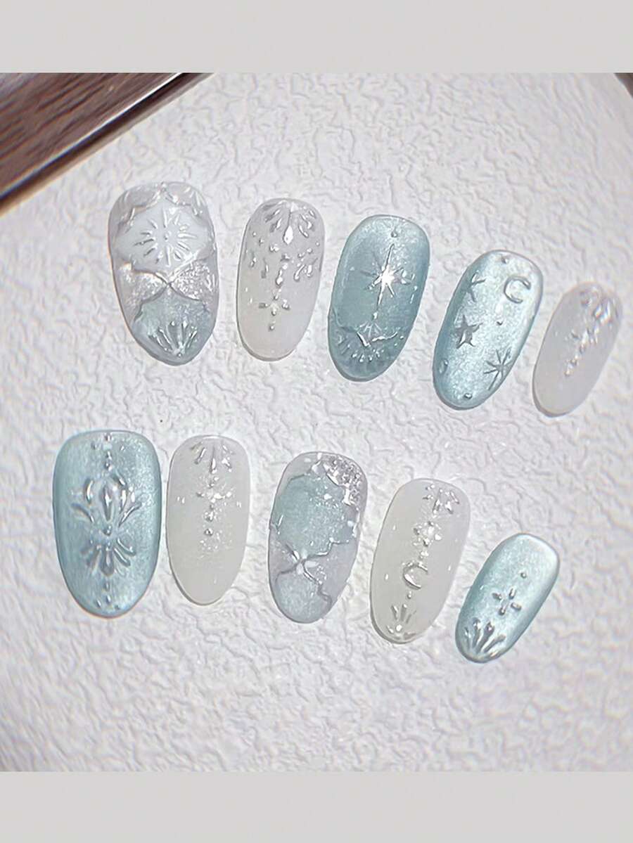Y2K 花卉壓克力穿戴甲 10片/組，法式中長杏仁形，DIY 藝術全息 3D 假指甲，附白色珠飾/蝴蝶配件，適用於美甲沙龍，女孩與女性美甲用品 - 彩色 - 查看 1