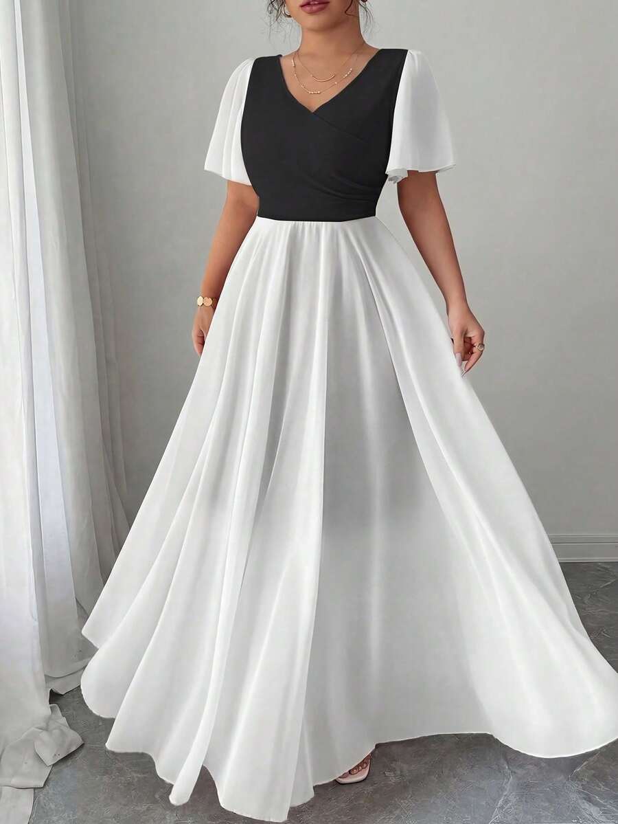 Vestido de gasa con volantes en las mangas, cuello en V y silueta evasé para mujer talla grande.Sencillo, elegante, romántico y con un fluir gracioso. - Blanco y Negro - Ver 1