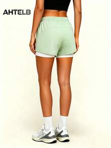 AHTELB Women's Summer Lightweight Quick-Dry Elastic Breathable Yoga Shorts, 5-Inch Inseam Workout Shorts With Hidden Drawstring, Pockets, Suitable For Yoga, Fitness, And Commuting Sports - Mint Green - View 2