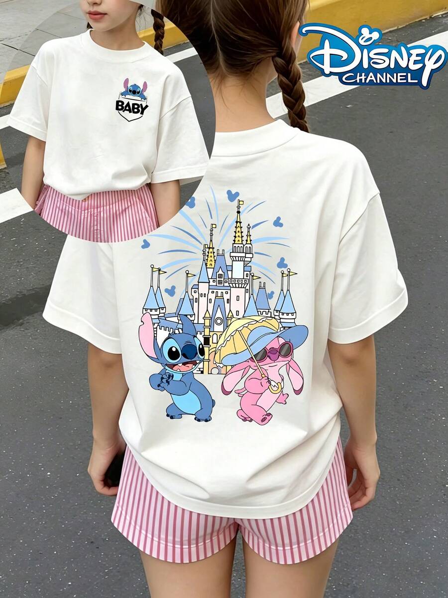 Disney Lilo & Stitch Front & Castle Back Print Summer Tops, Perfect For Cute Girls. Teen Girl Gift,Comfortable And Breathable Children's Short-Sleeved T-Shirt. 180g Pure Cotton Children's Clothes,Suitable For Both Boys And Girls.Suitable For Daily Wear, Vacations, Outdoor Activities, And As A Children's Gift. - 白色 - 查看 1