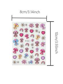 1pc Trending Colorful Bow & Flower Nail Stickers, Cute Heart & Rainbow Nail Decals, One-Time Self-Adhesive 3D Embossed Nail Art Decorations, Suitable For Daily Wear & Dates, Diverse Patterns, Easy To Apply - Multicolor - View 2