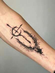 1pc Herbal Dark Style Abstract Cross Feather Ink Wash Pattern Tattoo Sticker, Temporary Tattoo Sticker, Realistic Tattoo Design, Suitable For Travel, Music Festival, Games, Graduation Gifts, Lasts For 7-14 Days - Black - View 3