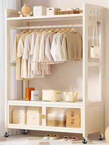 Super life Perchero de ropa con una rueda para colgar ropa, perchero de doble barra con almacenamiento de malla densa, marco de acero, blanco, perchero de verano, esencial para regreso a clases/viajes, decoración de habitación, decoración del hogar, decoración de dormitorio. - Multicolor - Ver 4