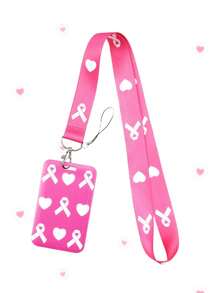 1 Pc Loving White Pink Ribbon Breast Cancer Awareness Pattern Mobile Phone Lanyard Long Ribbon Multi-Color Bow Card Holder Black Pink Key Card Holder Lanyard Suitable For Event Souvenir Gift Givingbreast Work ID Card Sleeve Cancer Awareness - Multicolor - View 17