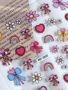 1pc Trending Colorful Bow & Flower Nail Stickers, Cute Heart & Rainbow Nail Decals, One-Time Self-Adhesive 3D Embossed Nail Art Decorations, Suitable For Daily Wear & Dates, Diverse Patterns, Easy To Apply - Multicolor - View 3