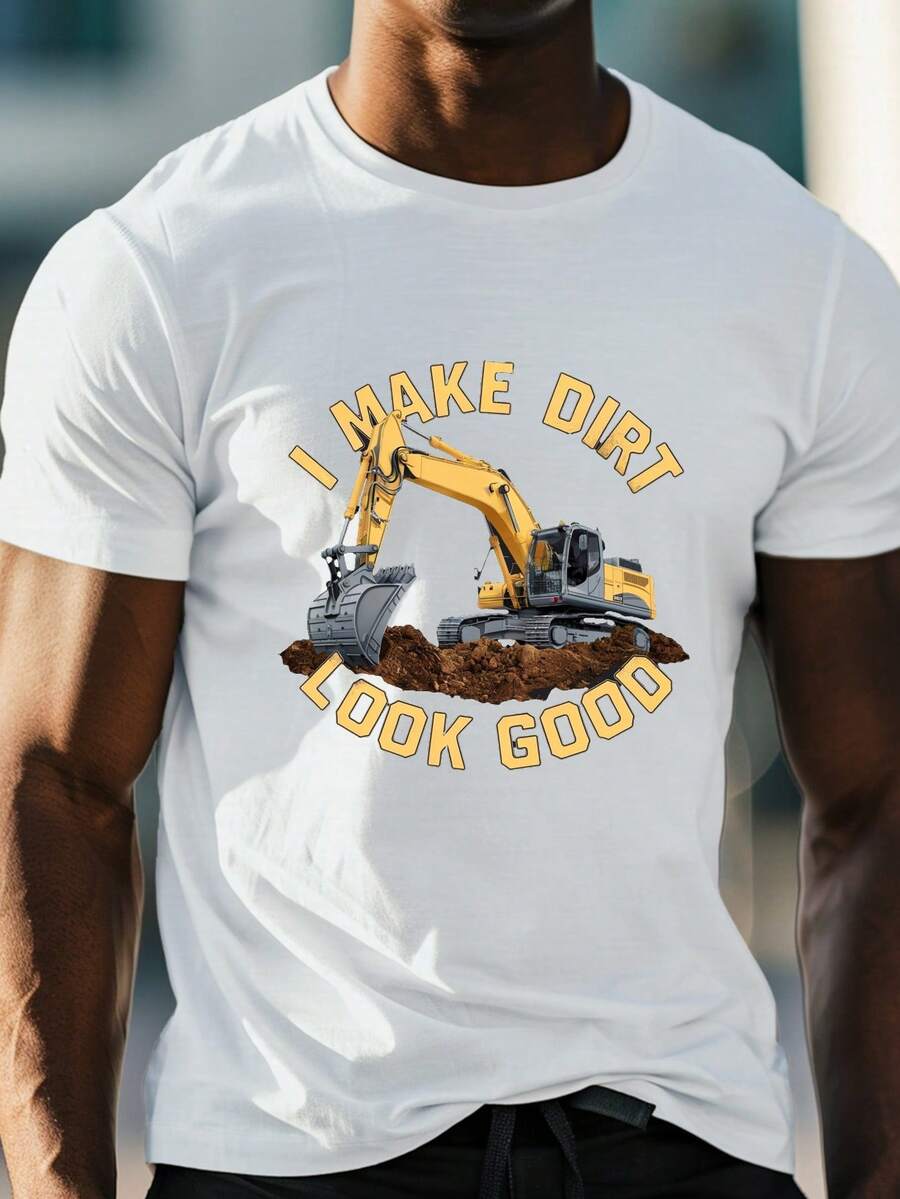 Camiseta de Verano para Hombre Talla Grande - Manga Corta Casual con Gráfico de Excavadora, Poliéster Transpirable, Lavable a Máquina, TALLA GRANDE - Blanco - Ver 1
