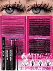 640/200Pcs DCurl Cluster Lashes, Large Segmented Lash Book With Glue,Seal,Tweezers Brush. Soft Thick Fluffy Lashes Enlarge Eyes, Easy DIY Makeup For Beginners. Multi-Style Eye Look Available, Perfect For Daily Wear, Wedding And Evening Occasions - Rose Red - View 4