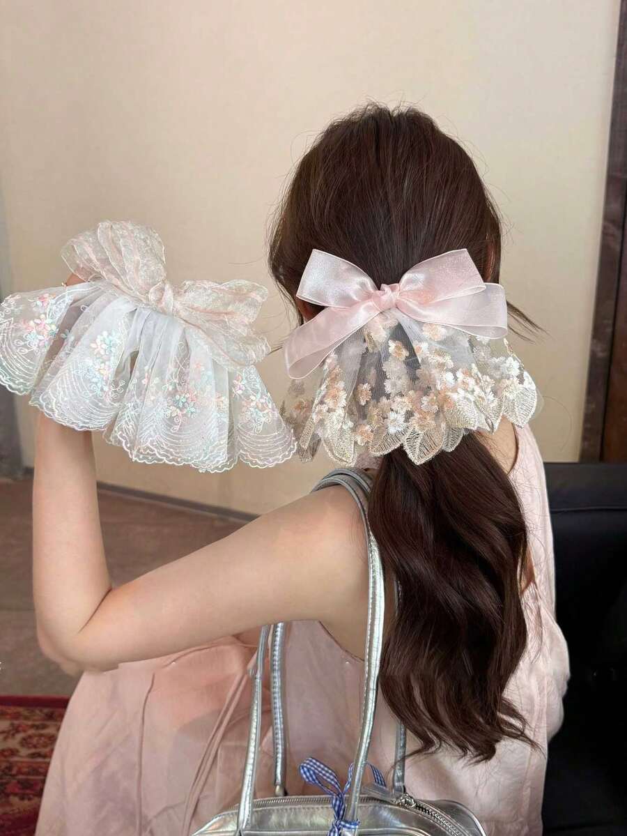 1件新款刺繡蕾絲大蝴蝶結春季髮夾,韓式溫柔百搭半紮髮後腦勺髮夾,髮飾髮夾 - 彩色 - 查看 1