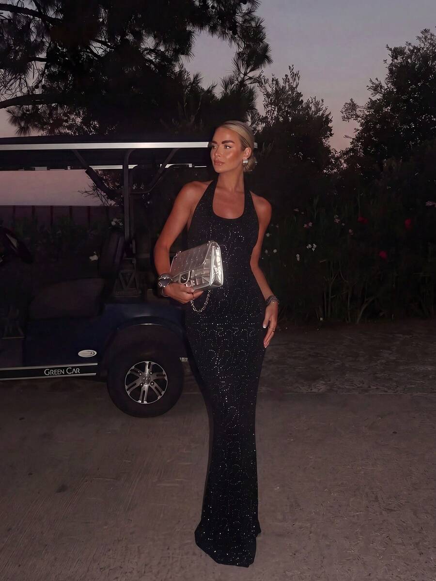 Basrey Sexy Sequin Mermaid Dress, Women's Sleeveless Backless Long Gown, Made Of High-Stretch Semi-Sheer Fabric, Suitable For Formal Occasions Wedding Black - Black - View 1