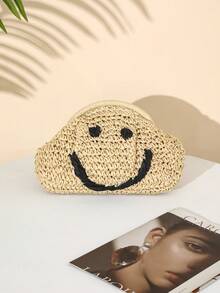 Handcrafted Paper Straw Woven Bag Embroidery Dual Use Shoulder Crossbody Clutch Fashion Travel Daily Bag For Ladies - Beige - View 5